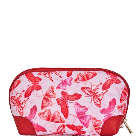 Printed Fabric Pink Cosmetic Pouch Bag for Women, Travel Case with Leather trim - Picture 1 of 8
